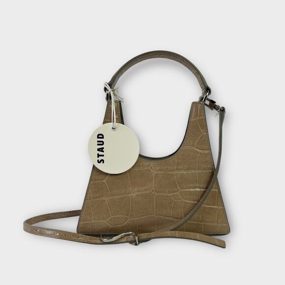 STAUD Mini Croc Embossed Leather Hobo Bag in French Grey NEW - Picture 1 of 12
